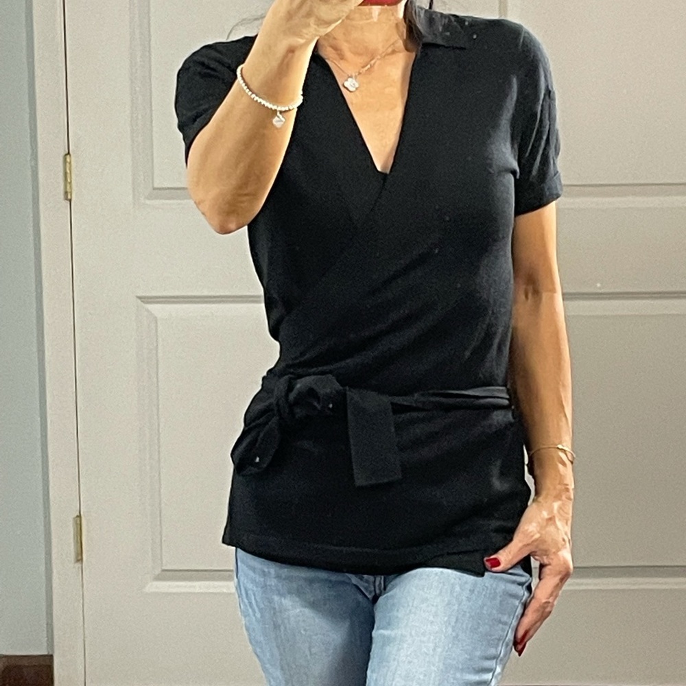Pure Collection Black Silk Cashmere Wrap Collared Top Sweater size M